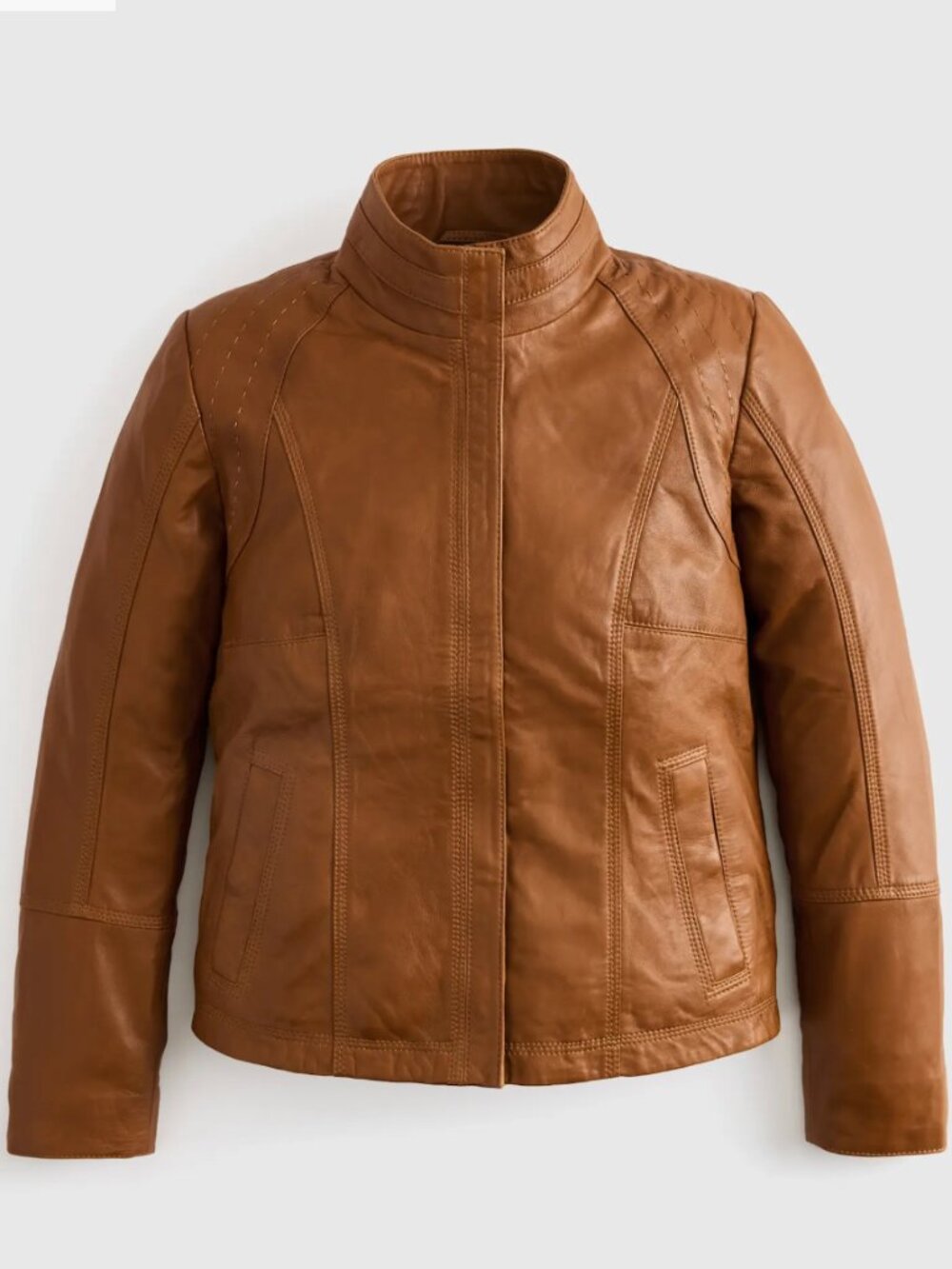 Quince 100% Leather Moto Jacket XS Cognac Brown Stand Collar Quiet Luxury